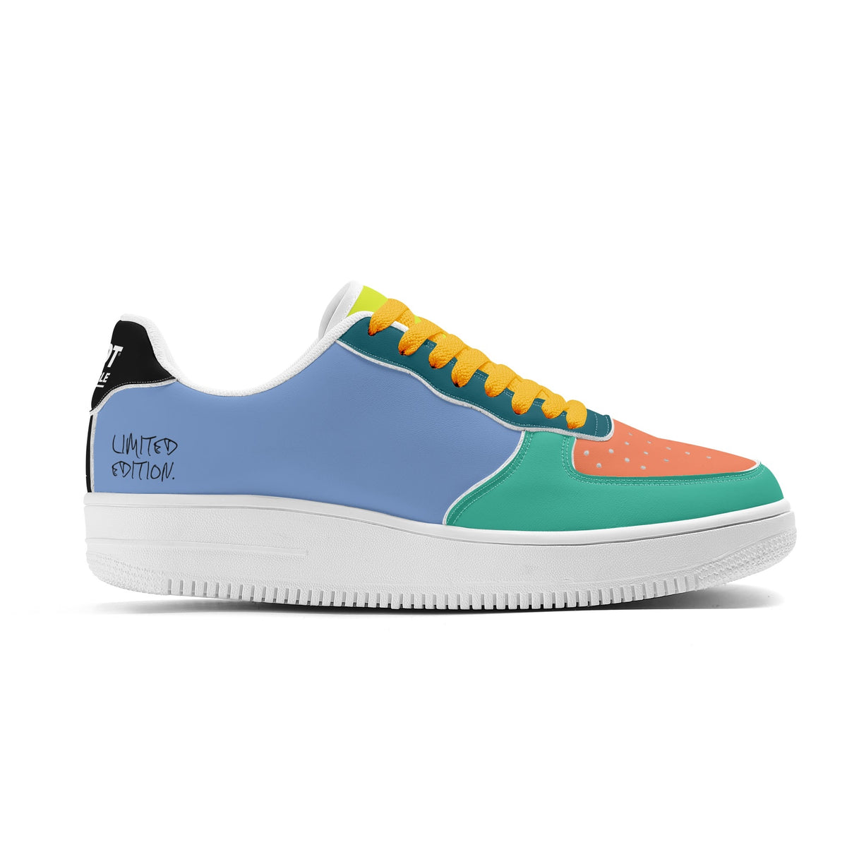 Multicolored sneaker with a white sole on a white background