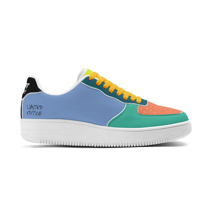 Multicolored sneaker with a white sole on a white background