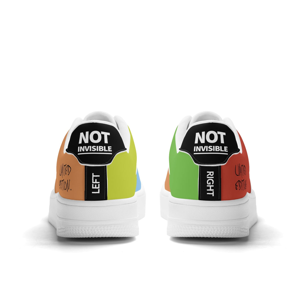 Colorful sneakers with 'Not Invisible' labels on a white background