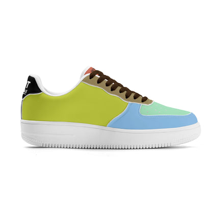 Multicolored sneaker with green, blue, and brown accents on a white background