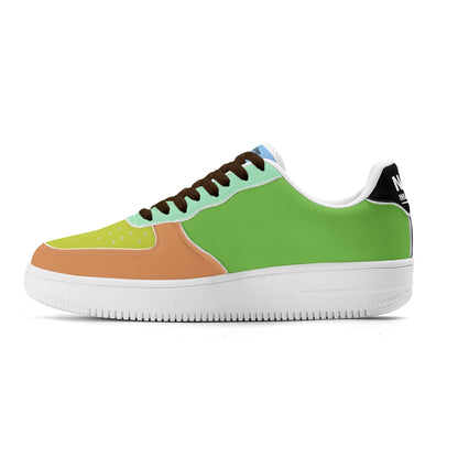 Multicolored sneaker with green, brown, and white design on a white background