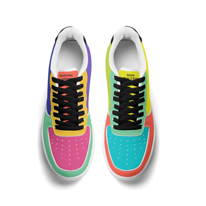Colorful sneakers with multicolored soles on a white background