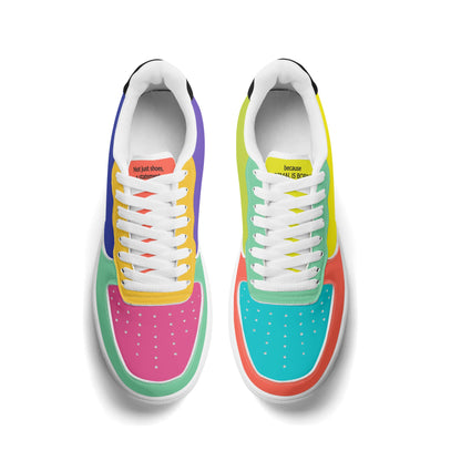 Colorful sneakers with multicolored soles on a white background