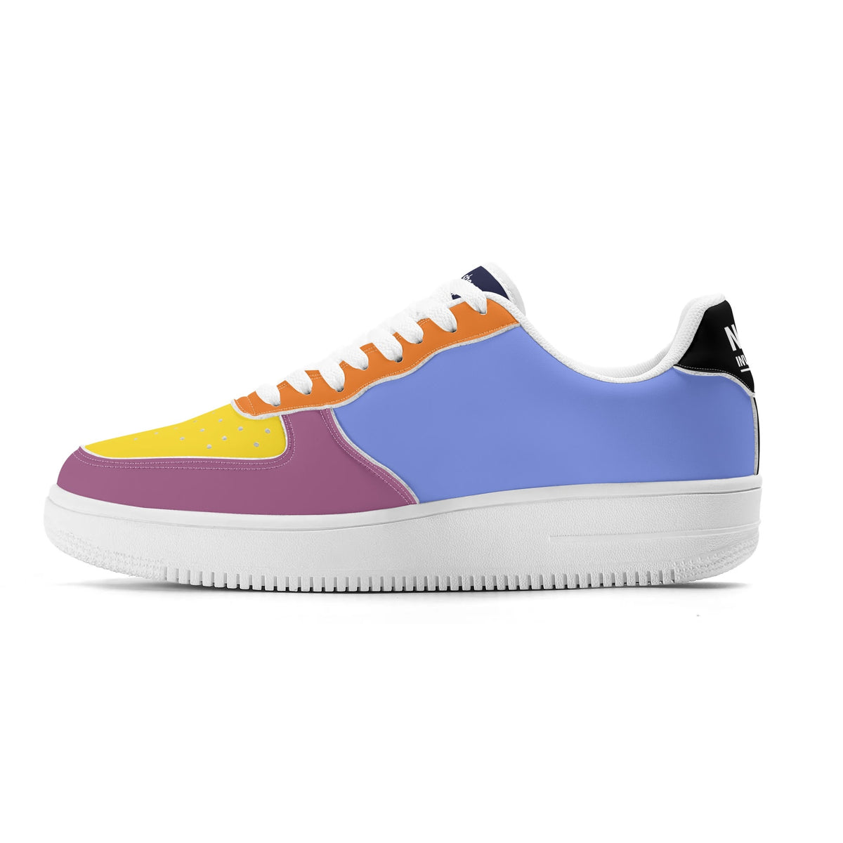 Multicolored sneaker with a white sole on a white background