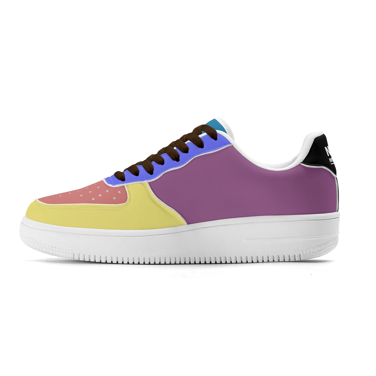 Multicolored sneaker with a white sole on a white background