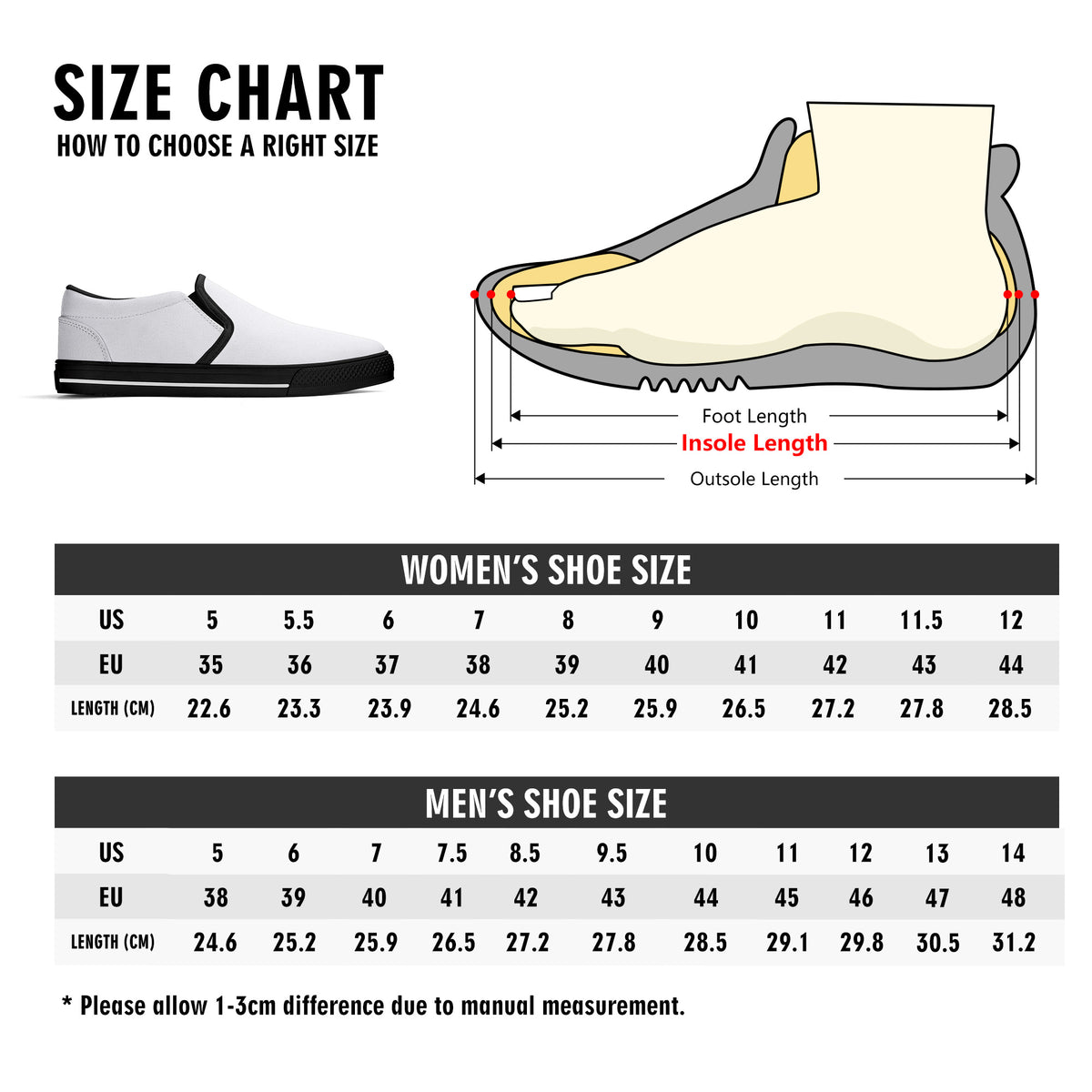 Shoe size chart for women and men with measurements and illustrations.