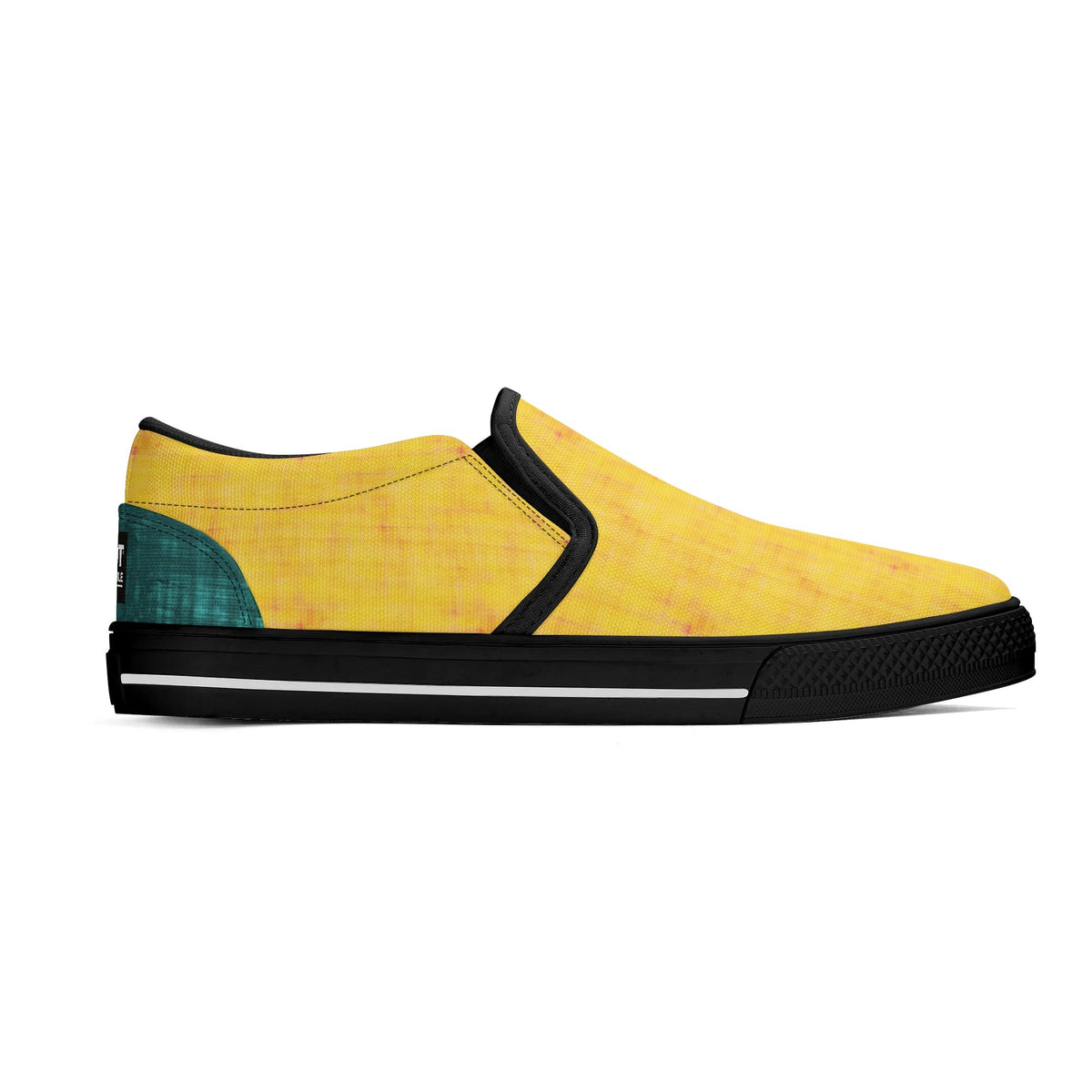 Yellow slip-on sneaker with black sole on a white background
