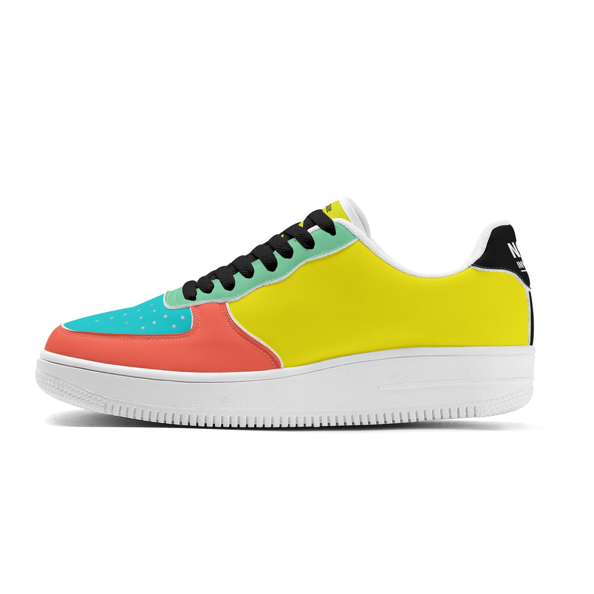 Multicolored sneaker with a white sole on a white background